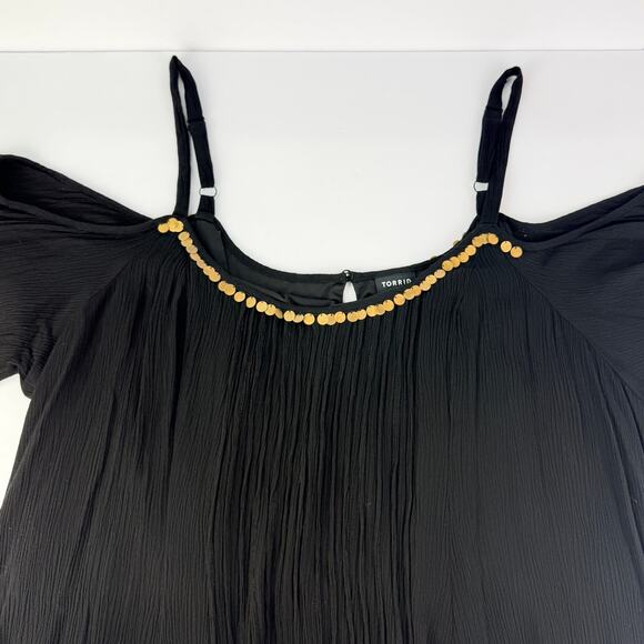 EUC TORRID 4XL Mini Gauze Black Cold Shoulder Trapeze Gold Accent Mini Dress - Picture 5 of 15